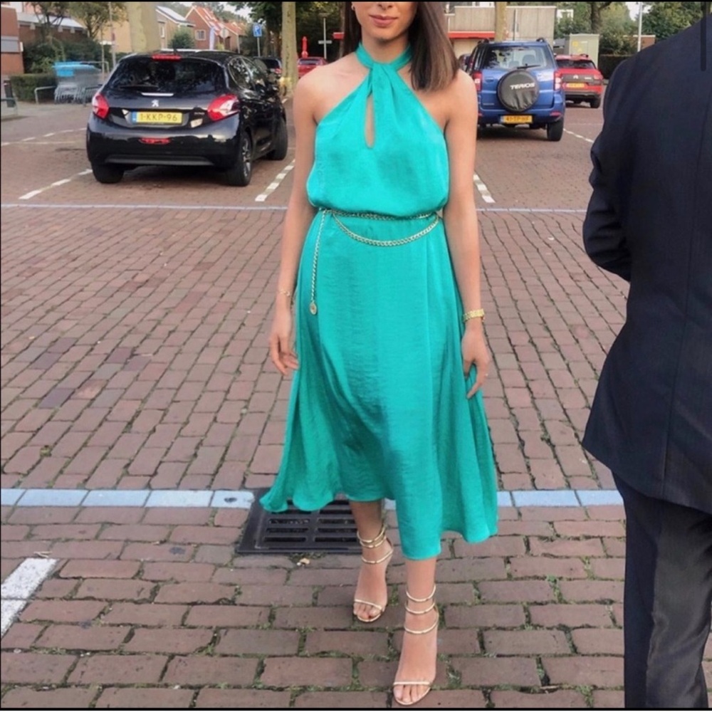 Women’s Teal Halter Midi Dress - Stylish Summer Cocktail Dress